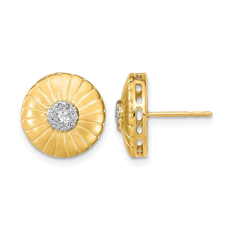 14k Yellow Gold Satin Real Diamond Flower Post Earrings