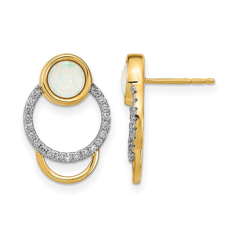 14k Yellow Gold Polished Real Diamond & Opal Circle Post Earrings
