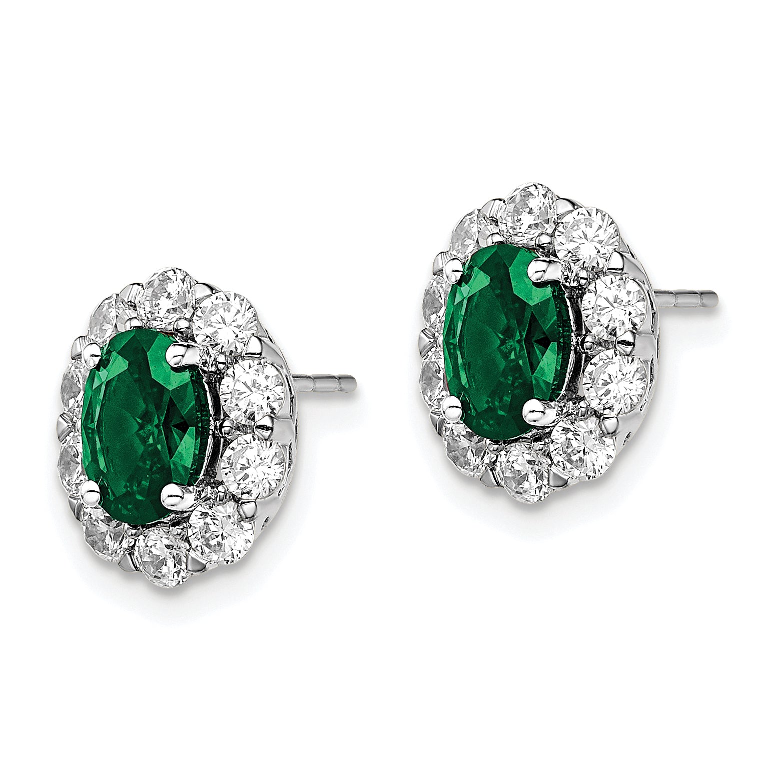 14k White Gold 1 1/5 Ct. Lab Grown Diamond VS/SI+ G+ and Oval Created Emerald Halo Post Earrings