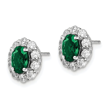 14k White Gold 1 1/5 Ct. Lab Grown Diamond VS/SI+ G+ and Oval Created Emerald Halo Post Earrings