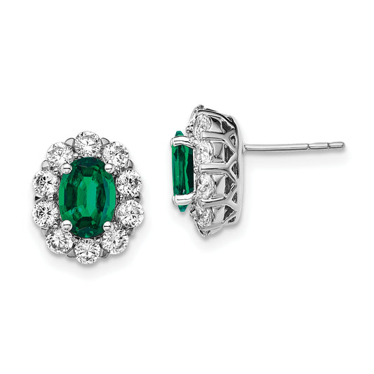 14k White Gold 1 1/5 Ct. Lab Grown Diamond VS/SI+ G+ and Oval Created Emerald Halo Post Earrings