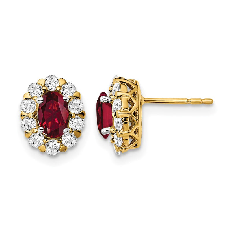 14k Yellow Gold 3/4 Ct. Lab Grown Diamond VS/SI+ G+ and Oval Created Ruby Halo Post Earrings