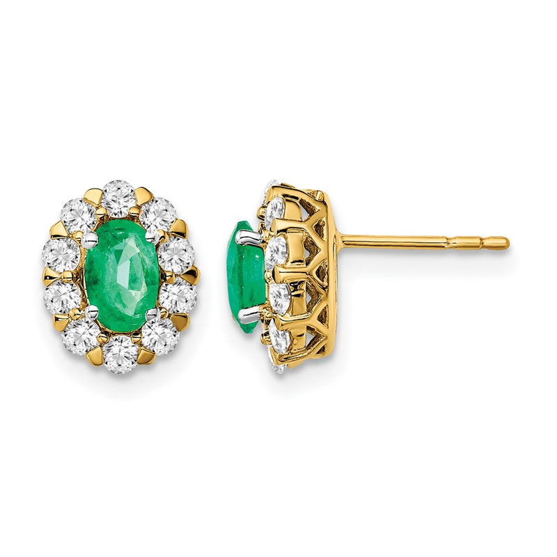14k Yellow Gold Oval Emerald and Real Diamond Halo Post Earrings