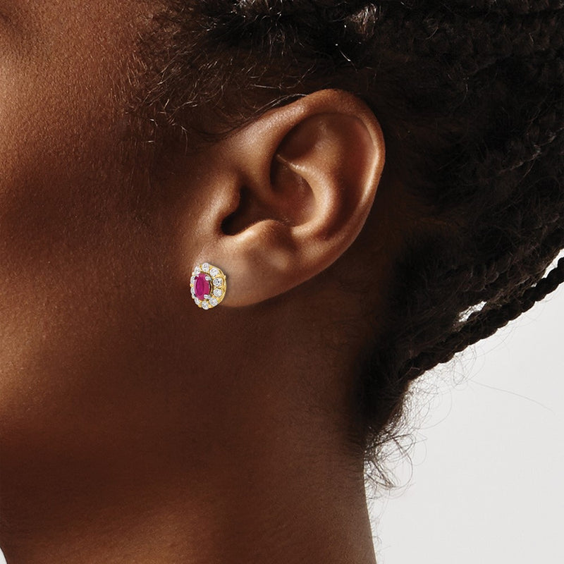 14k Yellow Gold Oval Ruby and Real Diamond Halo Post Earrings