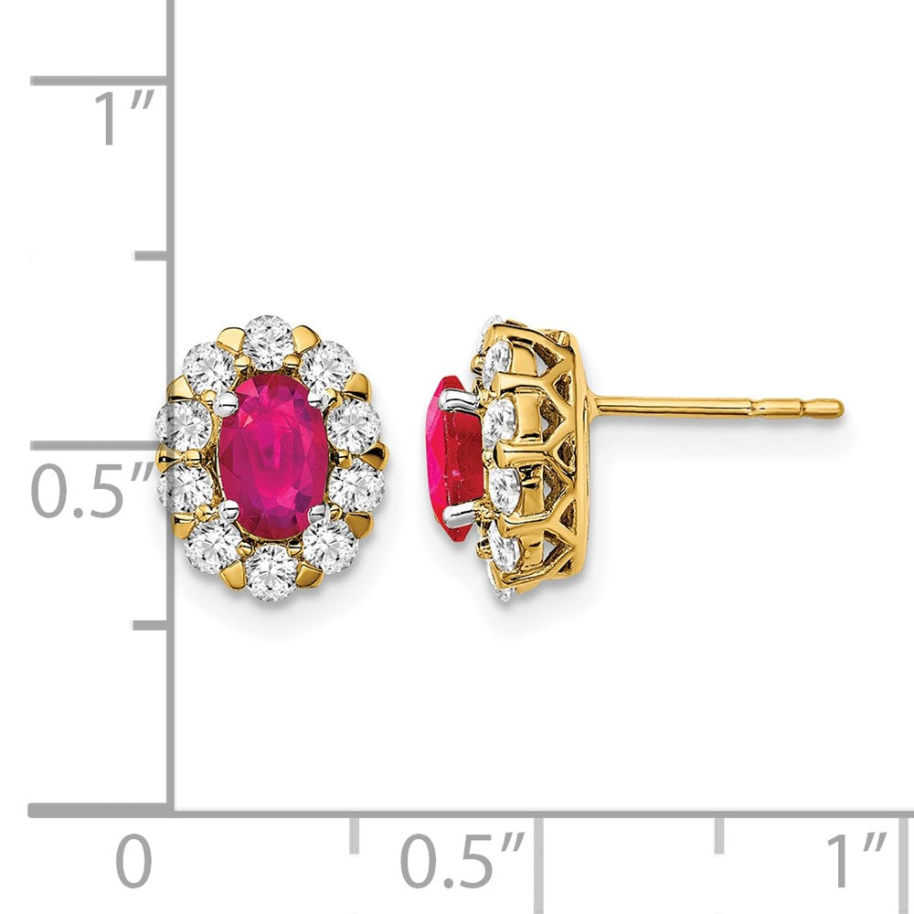 14k Yellow Gold Oval Ruby and Real Diamond Halo Post Earrings