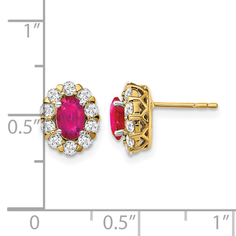 14k Yellow Gold Oval Ruby and Real Diamond Halo Post Earrings