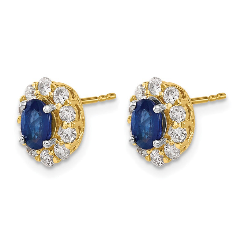 14k Yellow Gold Oval Sapphire and Real Diamond Halo Post Earrings
