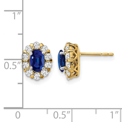 14k Yellow Gold Oval Sapphire and Real Diamond Halo Post Earrings