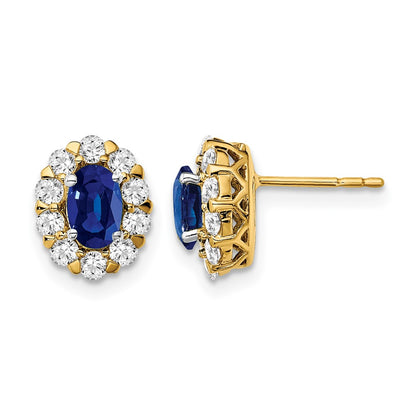 14k Yellow Gold Oval Sapphire and Real Diamond Halo Post Earrings