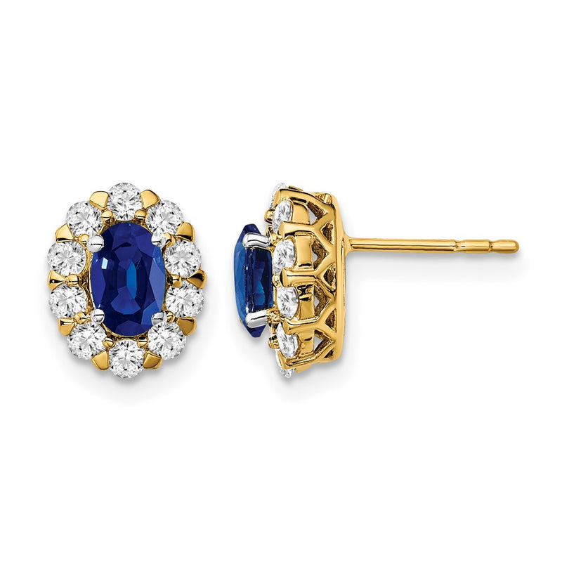 14k Yellow Gold Oval Sapphire and Real Diamond Halo Post Earrings