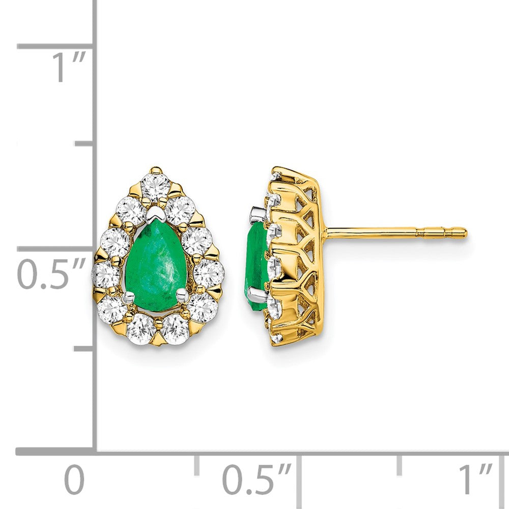 14k Yellow Gold Pear Emerald and Real Diamond Halo Post Earrings