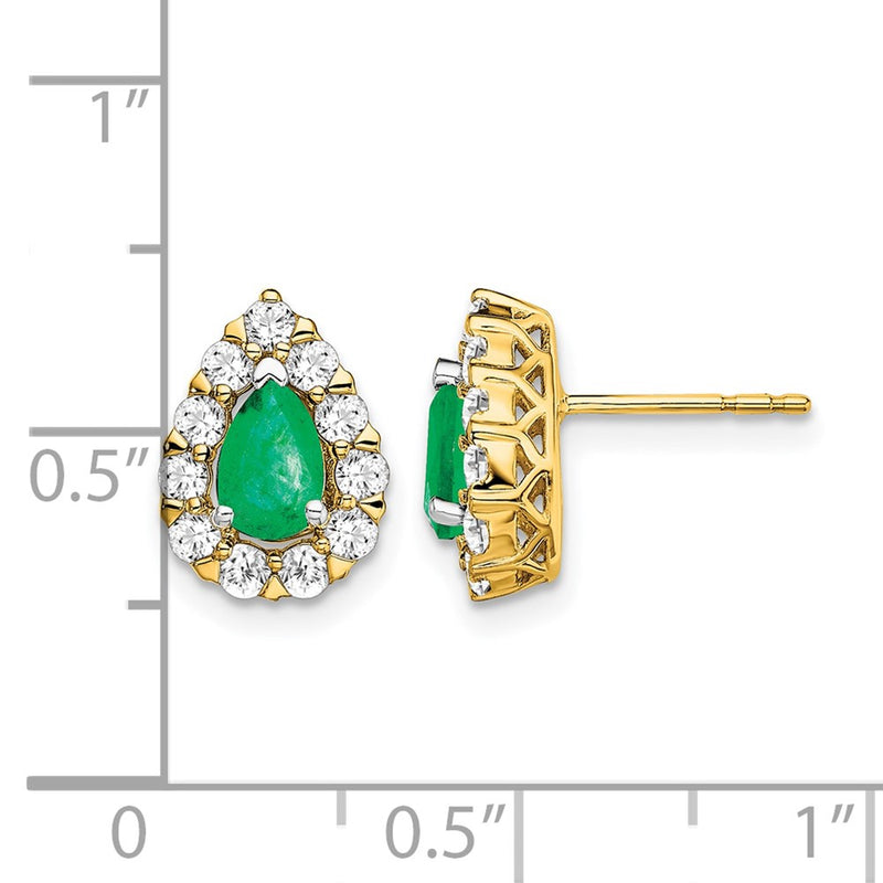 14k Yellow Gold Pear Emerald and Real Diamond Halo Post Earrings