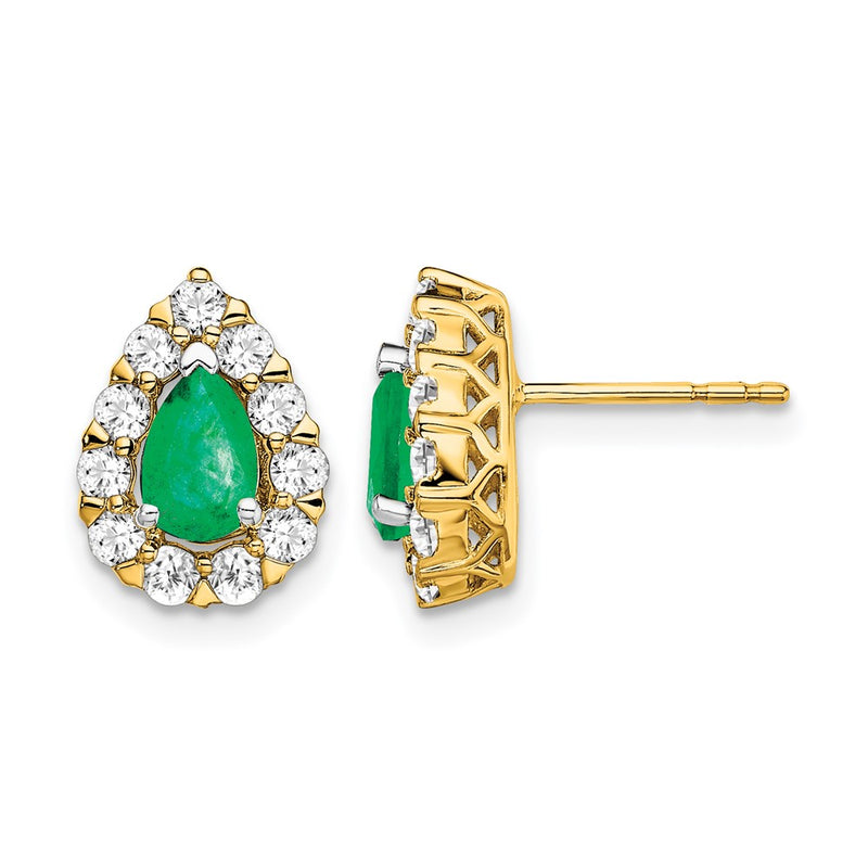 14k Yellow Gold Pear Emerald and Real Diamond Halo Post Earrings