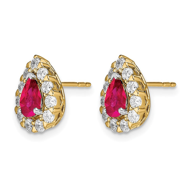 14k Yellow Gold Pear Ruby and Real Diamond Halo Post Earrings