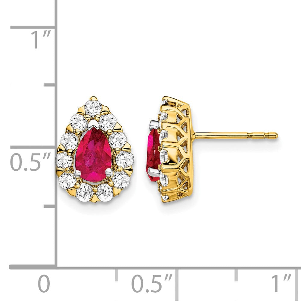 14k Yellow Gold Pear Ruby and Real Diamond Halo Post Earrings