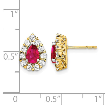 14k Yellow Gold Pear Ruby and Real Diamond Halo Post Earrings