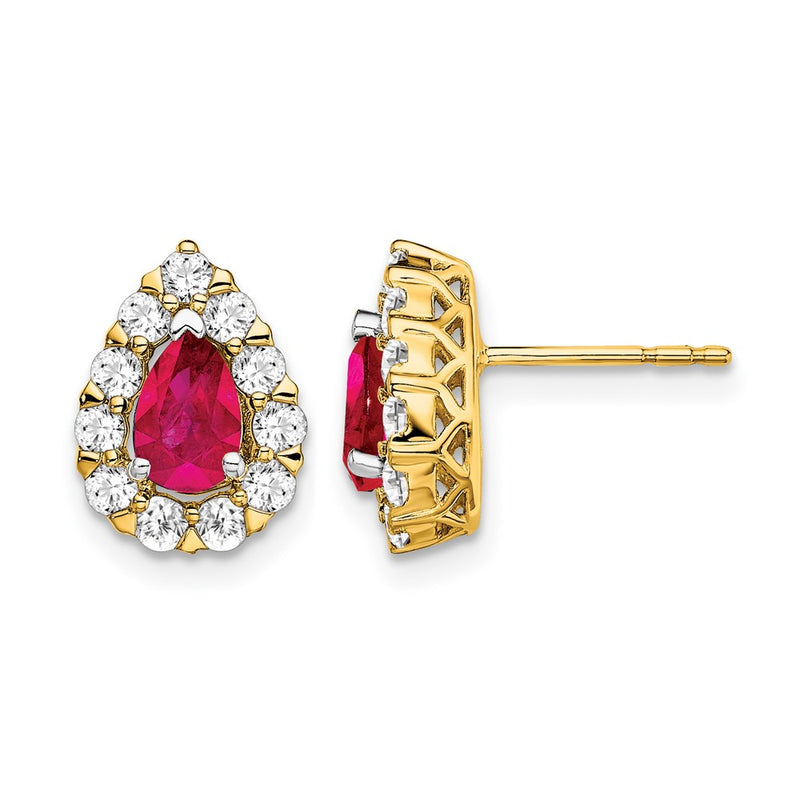 14k Yellow Gold Pear Ruby and Real Diamond Halo Post Earrings