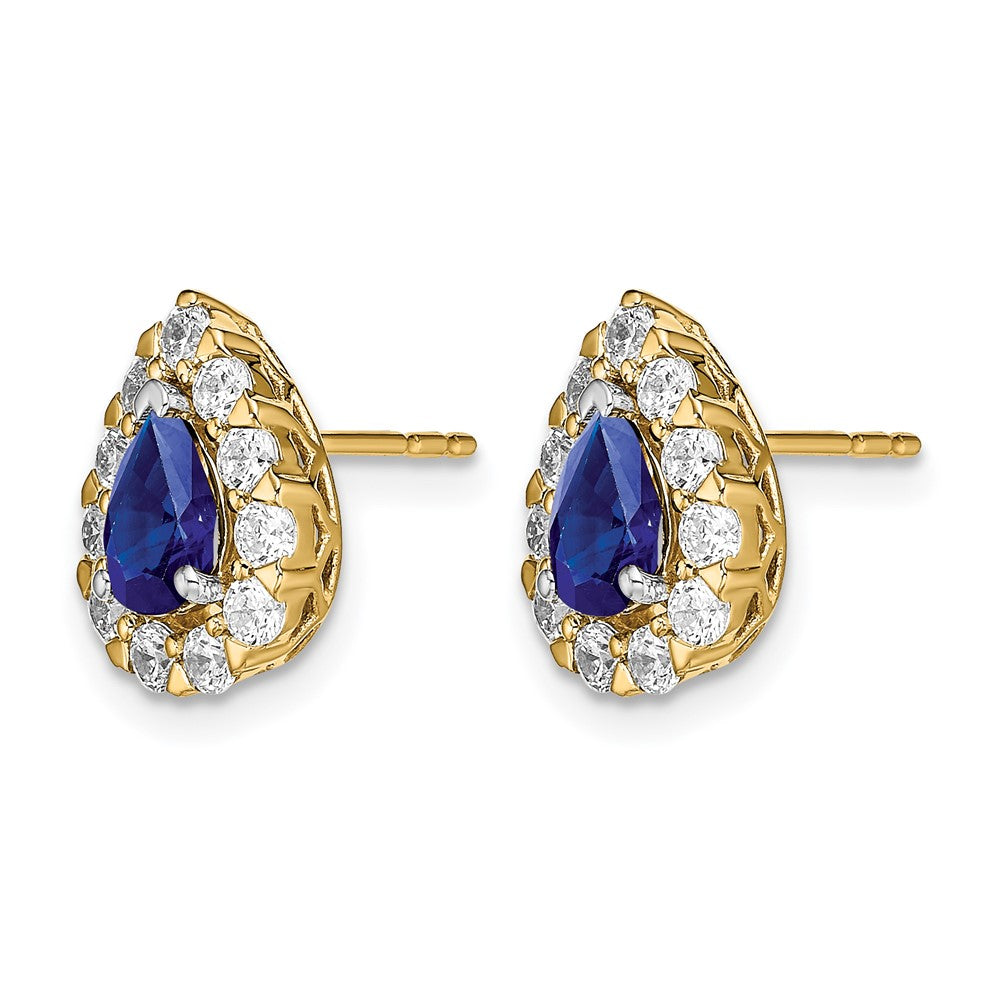14k Yellow Gold Pear Sapphire and Real Diamond Halo Post Earrings