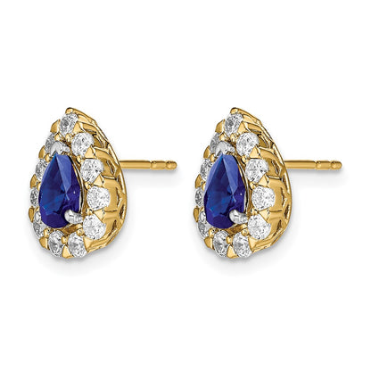 14k Yellow Gold Pear Sapphire and Real Diamond Halo Post Earrings