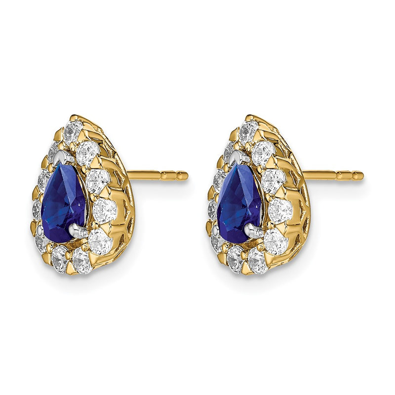 14k Yellow Gold Pear Sapphire and Real Diamond Halo Post Earrings