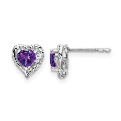 14k White Gold Amethyst and Real Diamond Heart Earrings