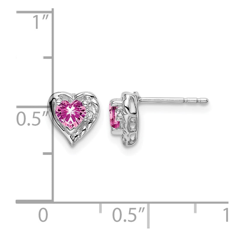 14k White Gold Created Pink Sapphire and Real Diamond Heart Earrings