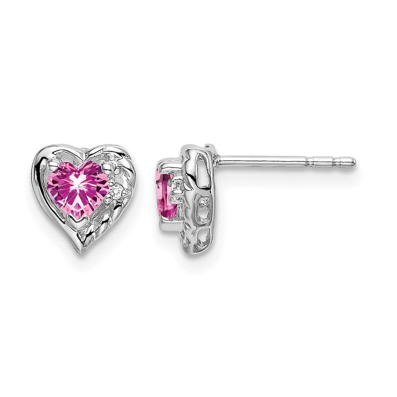 14k White Gold Created Pink Sapphire and Real Diamond Heart Earrings