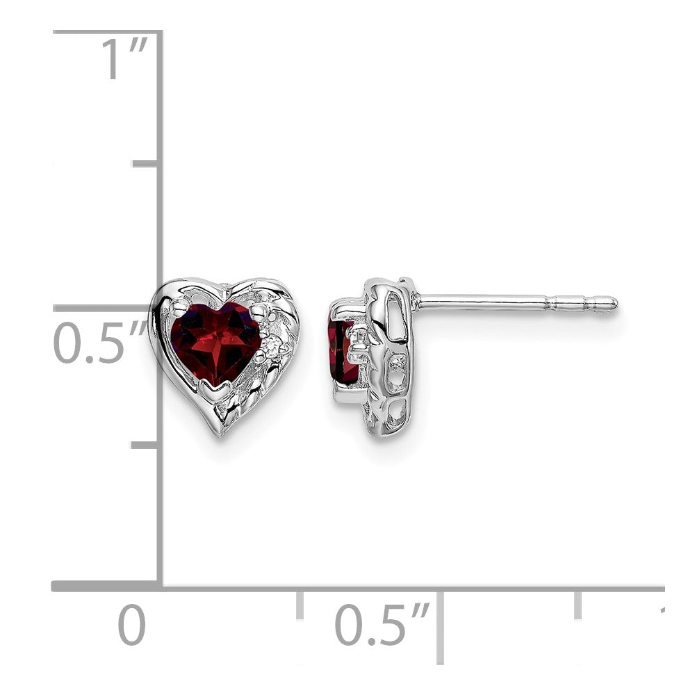 14k White Gold Garnet and Real Diamond Heart Earrings