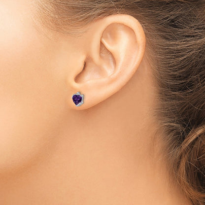 14k White Gold Amethyst and Real Diamond Heart Earrings