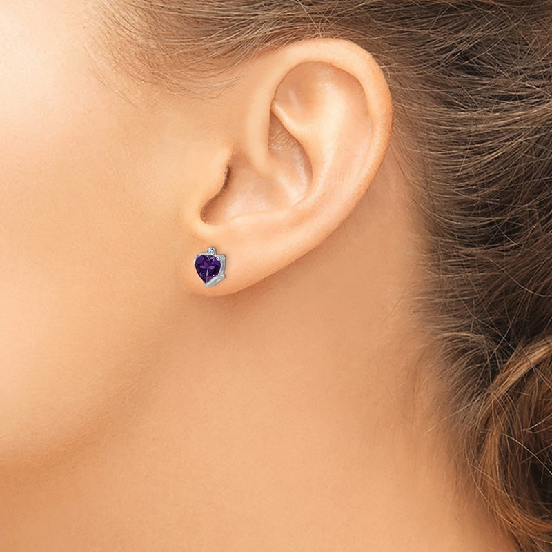 14k White Gold Amethyst and Real Diamond Heart Earrings