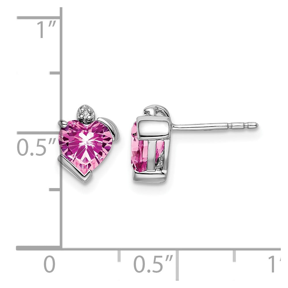 14k White Gold Created Pink Sapphire and Real Diamond Heart Earrings