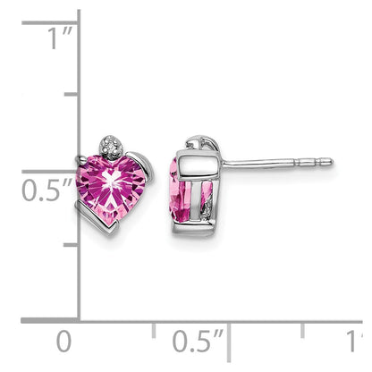 14k White Gold Created Pink Sapphire and Real Diamond Heart Earrings