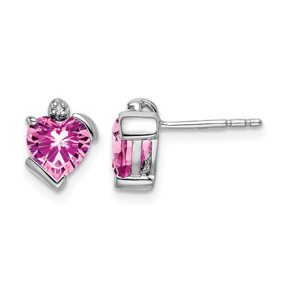 14k White Gold Created Pink Sapphire and Real Diamond Heart Earrings