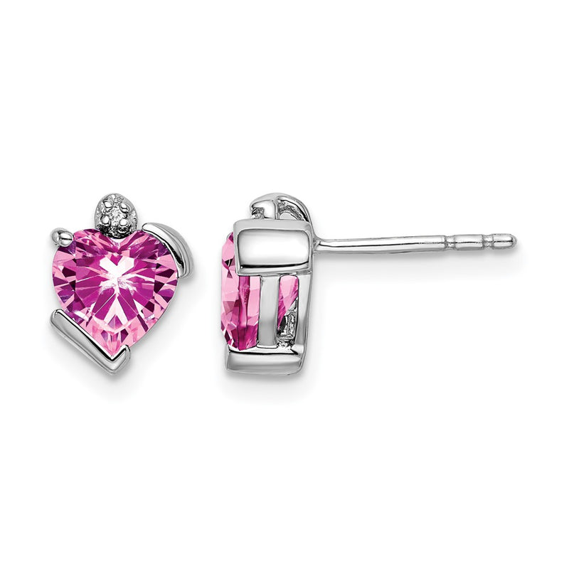 14k White Gold Created Pink Sapphire and Real Diamond Heart Earrings