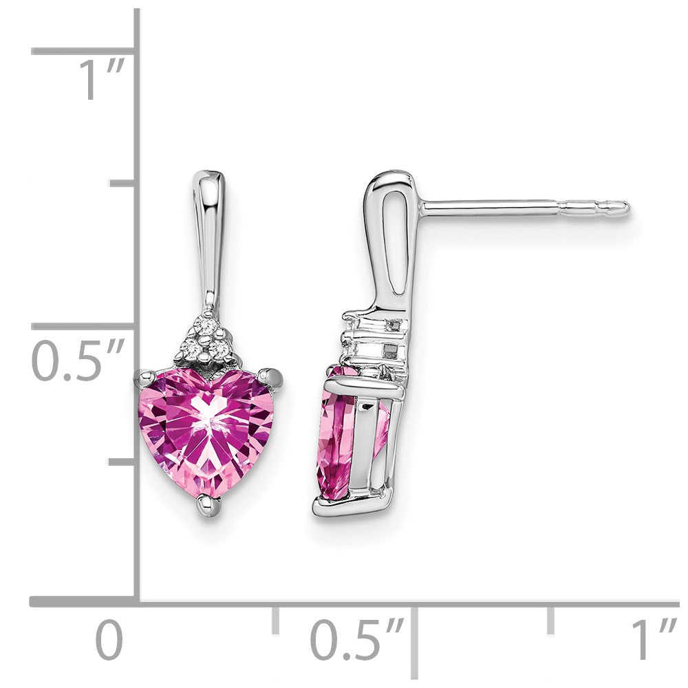 14k White Gold Created Pink Sapphire and Real Diamond Heart Earrings
