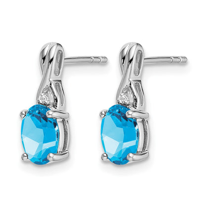 14k White Gold Oval Blue Topaz and Real Diamond Earrings