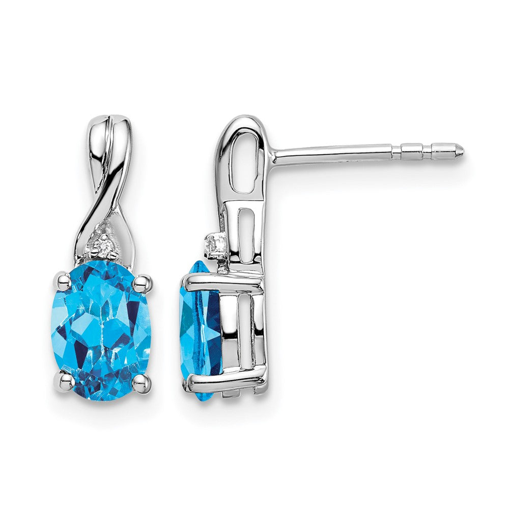 14k White Gold Oval Blue Topaz and Real Diamond Earrings