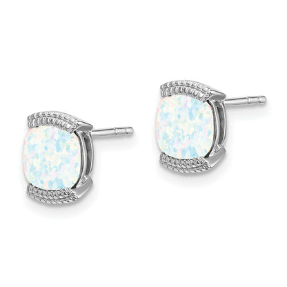 Solid 14k White Gold Created Simulated Opal Post Earrings