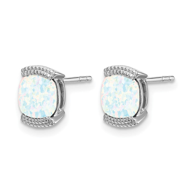 Solid 14k White Gold Created Simulated Opal Post Earrings