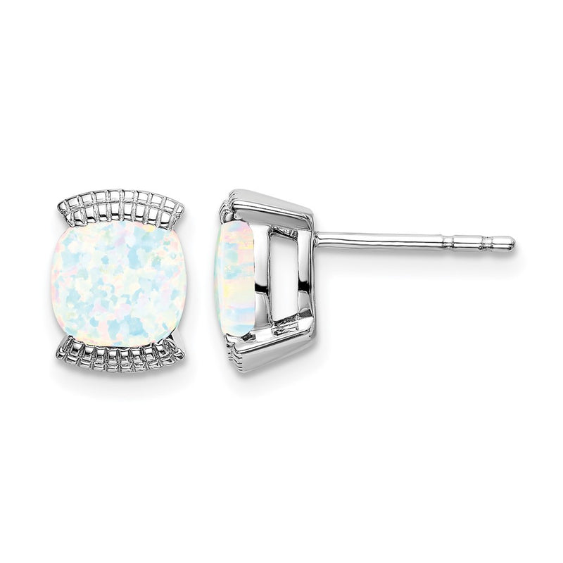 Solid 14k White Gold Created Simulated Opal Post Earrings