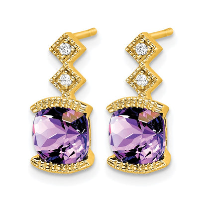 14k Yellow Gold Amethyst and Real Diamond Earrings