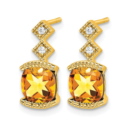 14k Yellow Gold Citrine and Real Diamond Earrings