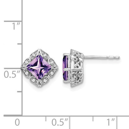 14k White Gold Square Amethyst and Real Diamond Earrings
