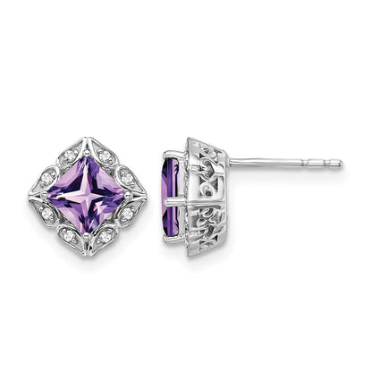 14k White Gold Square Amethyst and Real Diamond Earrings