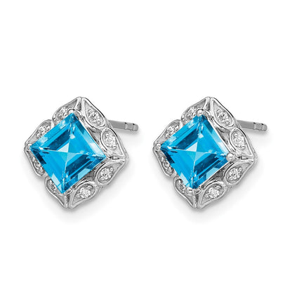 14k White Gold Square Blue Topaz and Real Diamond Earrings