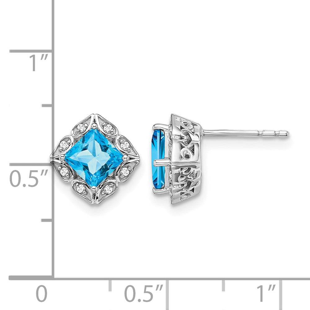 14k White Gold Square Blue Topaz and Real Diamond Earrings