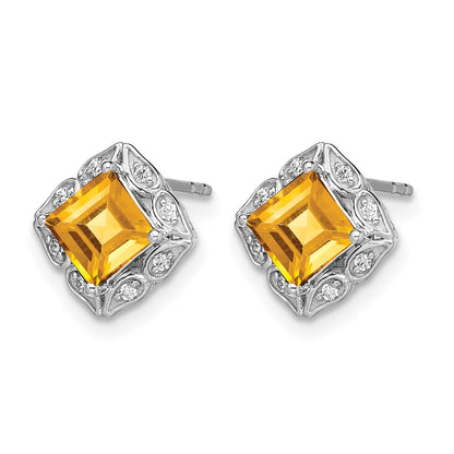 14k White Gold Square Citrine and Real Diamond Earrings