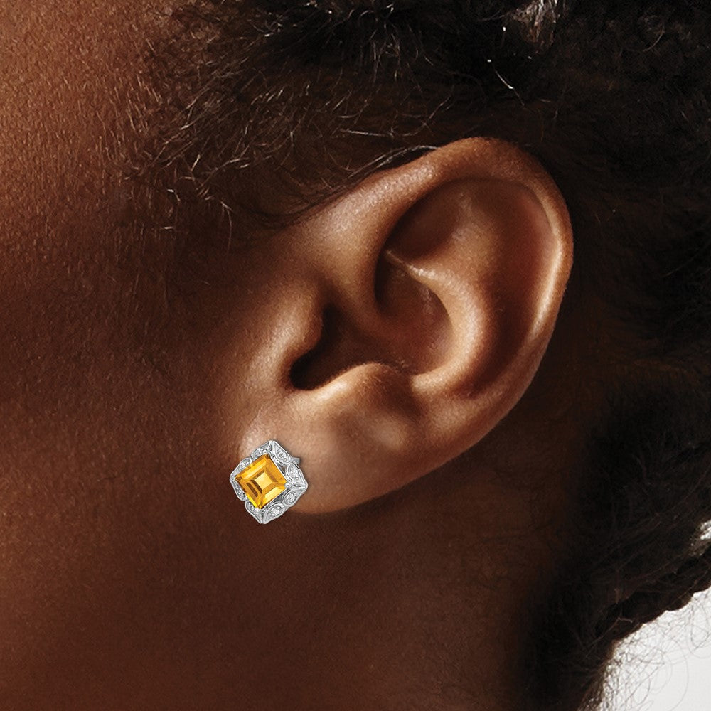 14k White Gold Square Citrine and Real Diamond Earrings