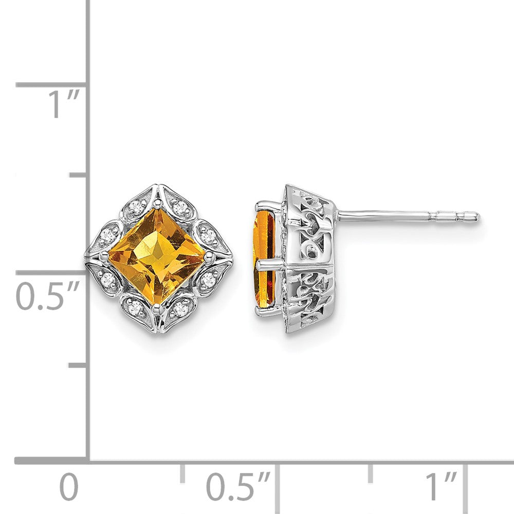 14k White Gold Square Citrine and Real Diamond Earrings