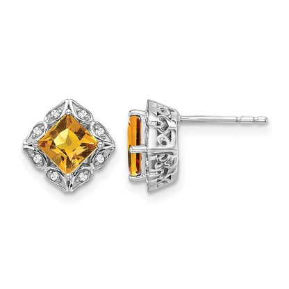 14k White Gold Square Citrine and Real Diamond Earrings